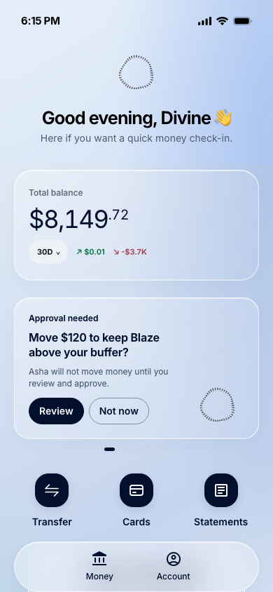 Asha home screen with accounts and Cards navigation